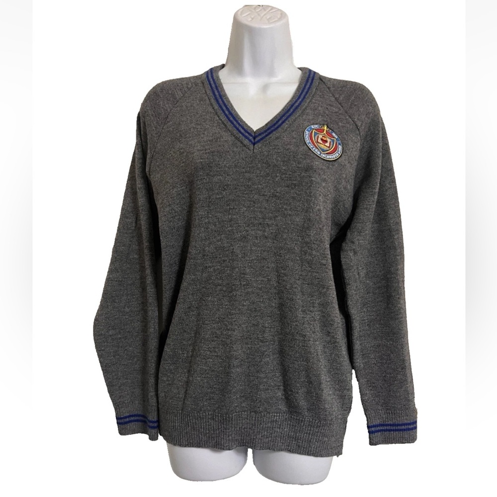 VINTAGE CHARLES KIRK OF WORTHING GREY SCHOOL SWEATER EMBROIDERED CREST SIZE M